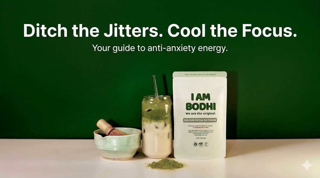 I AM BODHI matcha focus kit on desk with iced latte